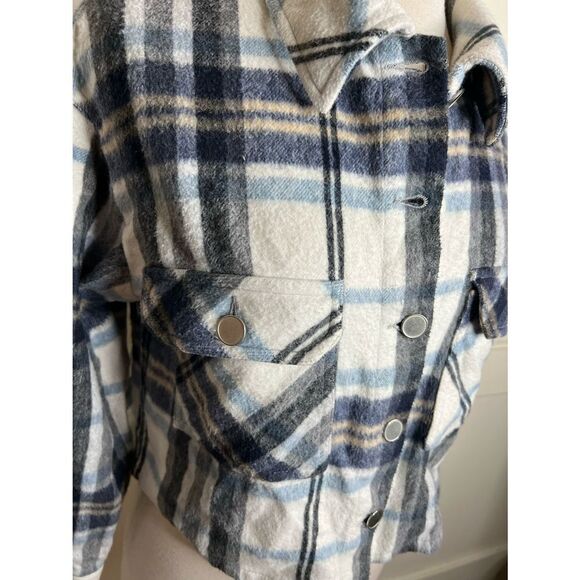 Zara Plaid Blue Flannel Shacket Cropped Button Up Jacket Medium - Picture 5 of 11